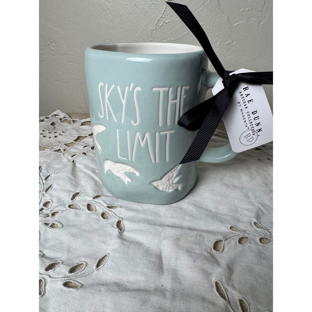 Rae Dunn SKY'S THE LIMIT mug teal w/ swallows